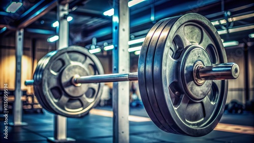 CLOSE-UP OF A BARBELL LOADED WITH WEIGHTS, SHARPLY FOCUSED AGAINST A SOFT-FOCUS SQUAT RACK BACKGROUND, EXUDES STRENGTH AND POWER.