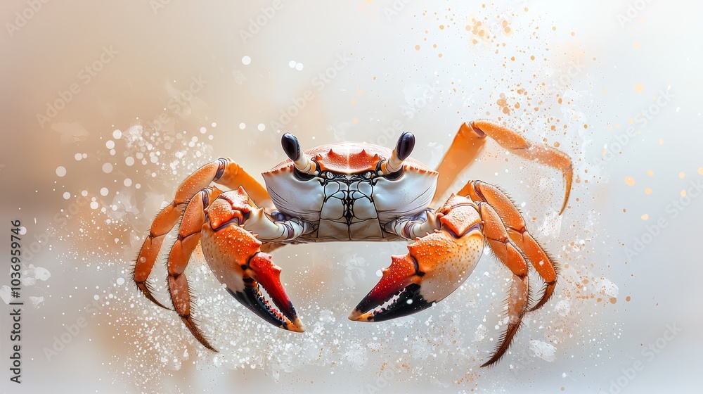  A tight shot of an orange-white crab against a pristine white backdrop, water spraying from its legs