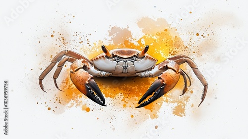  Close-up of a crab against a pristine white backdrop, with a splash of paint at the image's bottom photo