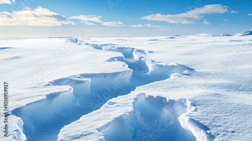 Serene Snowy Landscape with Cracked Ice Crevices