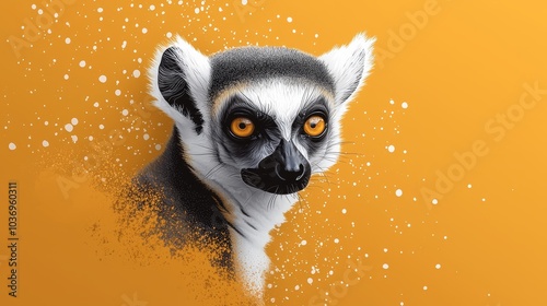  A tight shot of a Lemur's expressive face against an orange backdrop, encircled by gently falling snowflakes