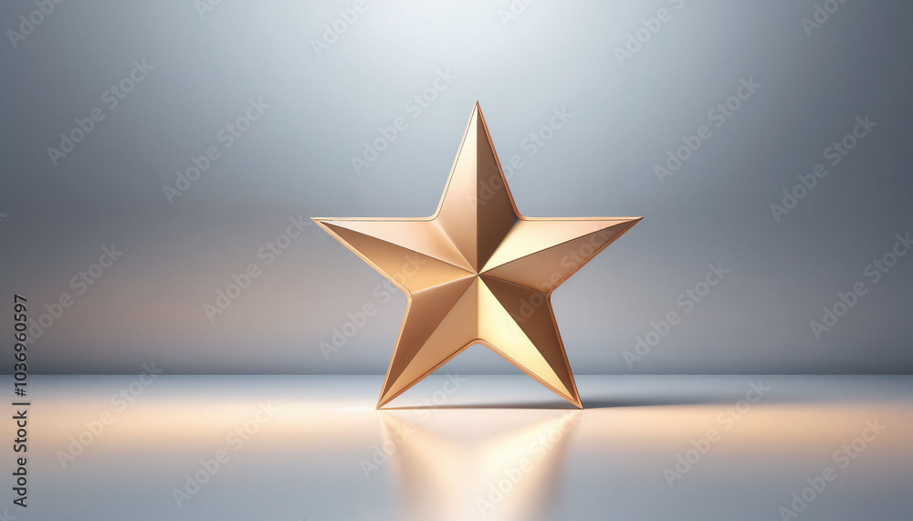 Fototapeta premium Three-dimensional golden star sculpture on reflective surface with soft light backdrop, star decoration background