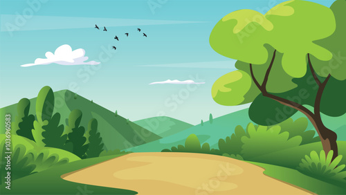 Cartoon meadow landscape. summer green fields view, spring lawn hill and blue sky, green grass fields landscape background illustration. field grass, meadow landscape spring or summer Premium Vector.e