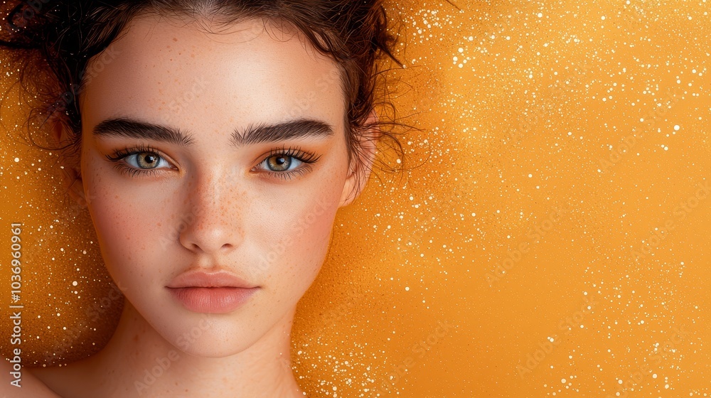 Naklejka premium A woman with freckled hair and blue eyes poses before a yellow wall for a photograph