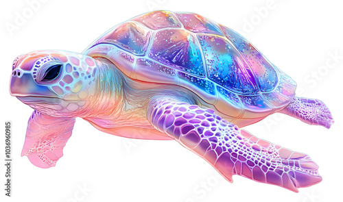 A colorful underwater scene featuring a holographic turtle on white background. Marine life in a dreamlike style