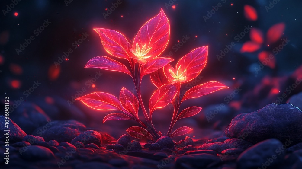 Glowing red plant with three flowers growing from rocks in the dark. Glowing red plant with three flowers growing from rocks in the dark.
