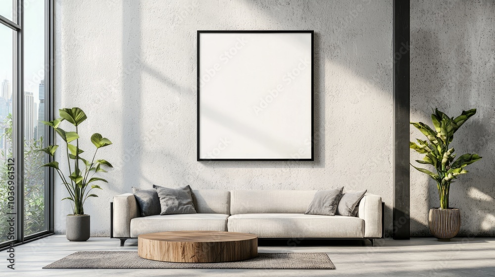 Modern Living Room Mockup with Blank Frame and Cozy Sofa. Modern Living Room Mockup with Blank Frame and Cozy Sofa.