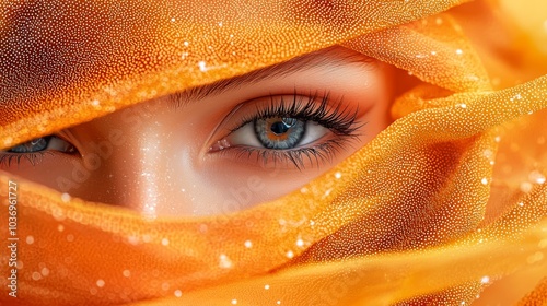  A tight shot of a woman's face, clad in a veil and donning a blue eyeshade