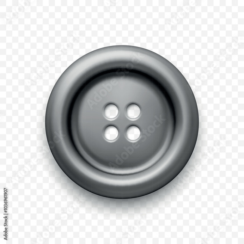 Grey Metal Clothes Button with Four Holes, Isolated. Round Button Closeup, Front View. Design Template for Sewing, Fashion, Clothing Concept. Detailed Button Illustration for Craft Projects