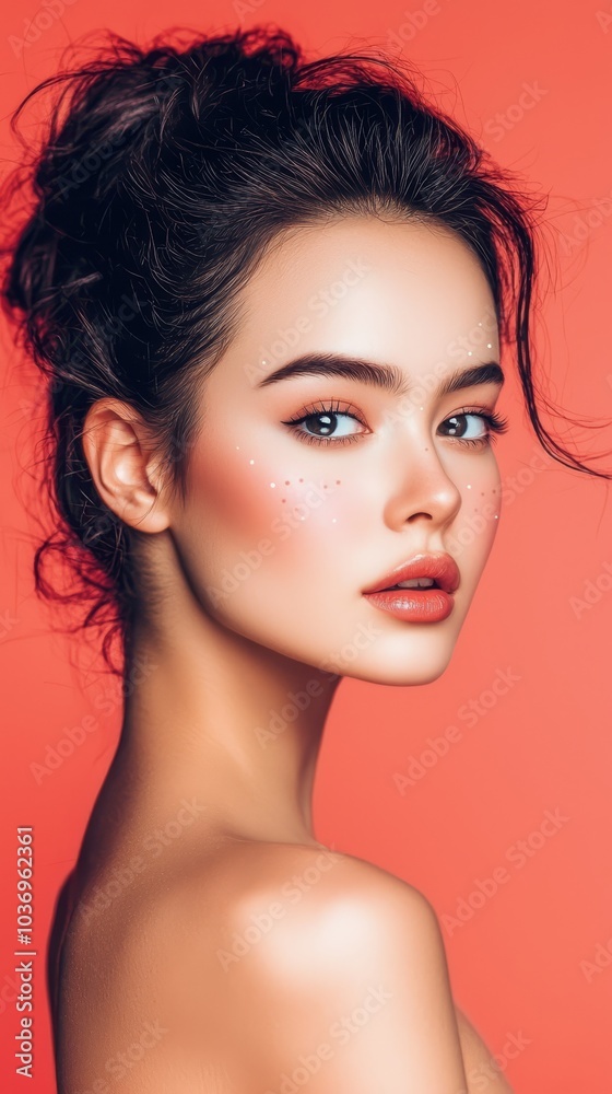 A woman with freckles dotting her face and her hair pulled back into a bun A woman with freckles dotting her face and her hair pulled back into a bun