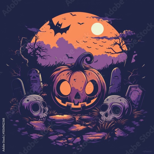 halloween pumpkin with skulls and bats