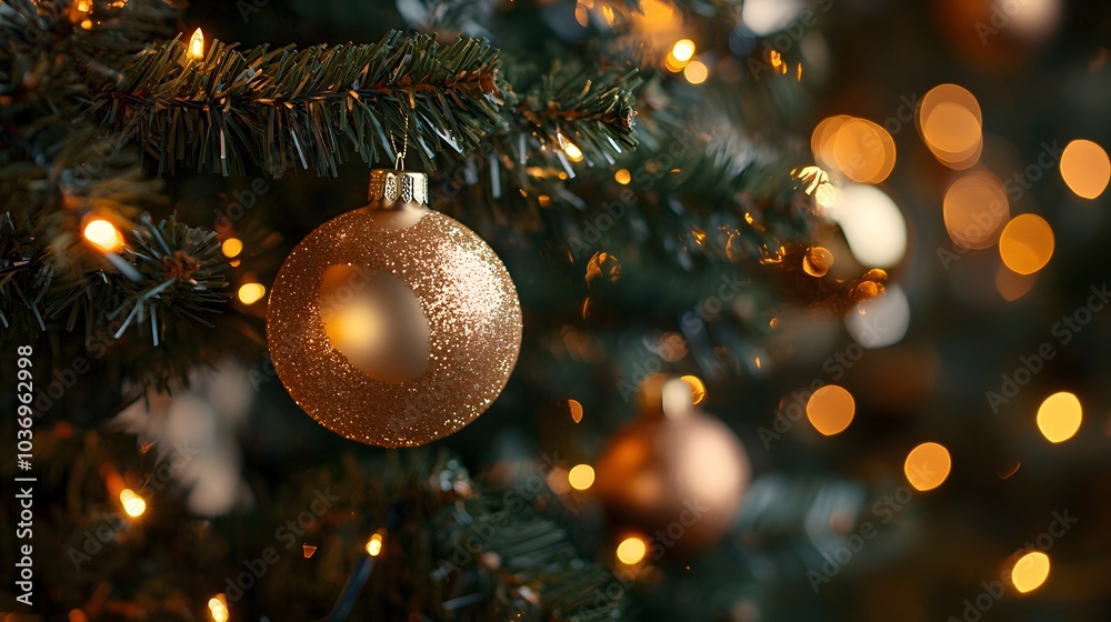 A Golden Christmas Ornament Hanging on a Decorated Christmas Tree Branch A Golden Christmas Ornament Hanging on a Decorated Christmas Tree Branch