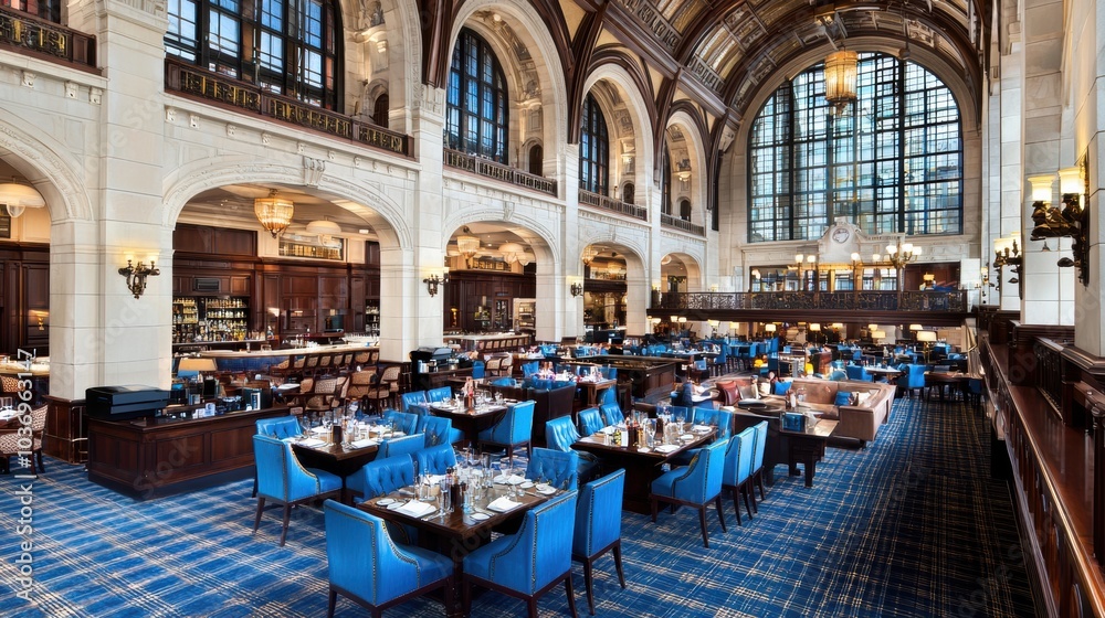 Naklejka premium Magnificent Historic Interior of an Opulent Dining Hall in a Prestigious Bank or Financial Institution