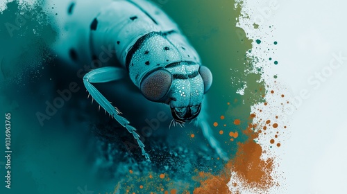  A flyup of a close-up fly on a white and blue background with a green and orange splash photo