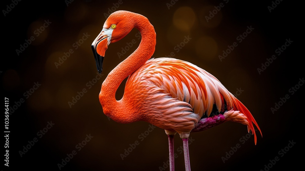 Obraz premium A tight shot of a pink flamingo against a black backdrop, with its head and neck softly blurred