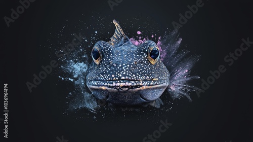  A fish's face in tight focus, wet with a splash of water against it, set against a backdrop of unbroken black photo