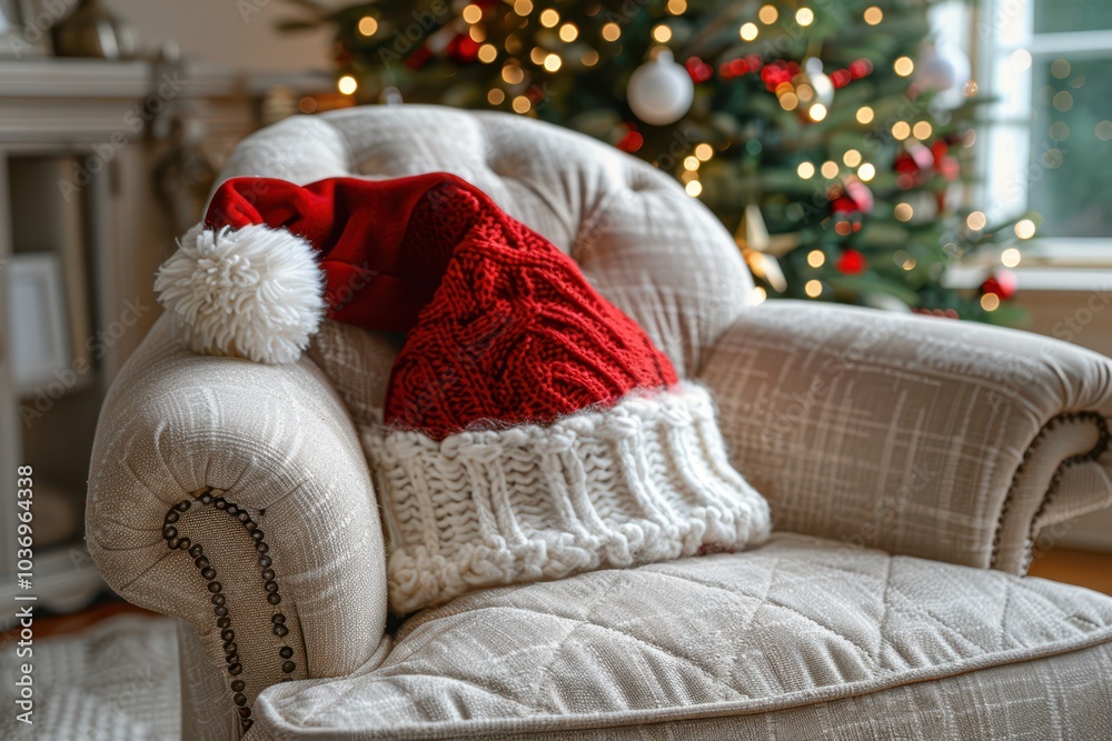 Obraz premium a white chair with a red santa hat on it