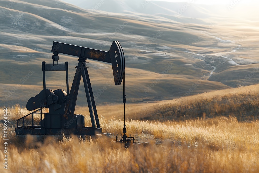 Naklejka premium Rusty Oil Pump Jack in a Field of Tall Grass