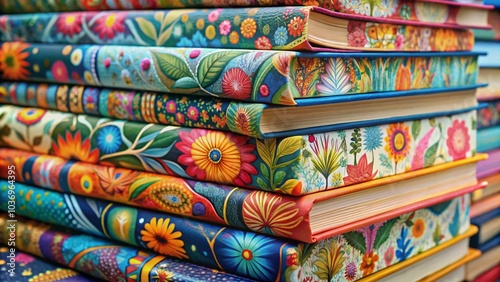 Vibrant stack of paperback books with beautifully hand-drawn illustrations on each cover, creating a stunning visual display of artistic expression and literary charm. photo