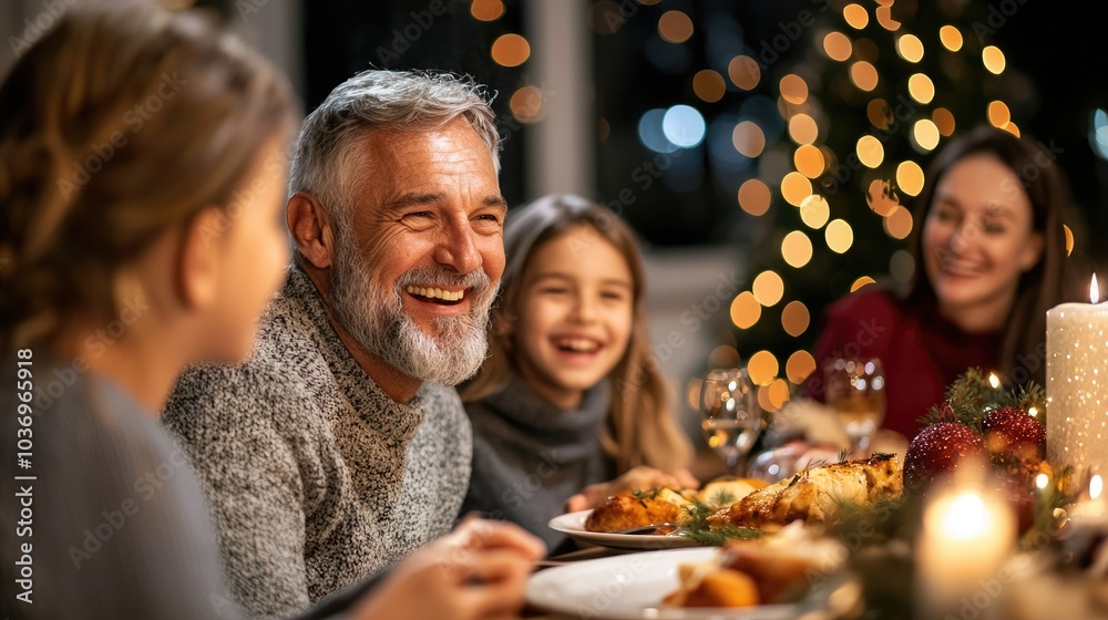 Family Gathering at Dinner Table Celebrating Christmas with Smiles and Joy Family Gathering at Dinner Table Celebrating Christmas with Smiles and Joy