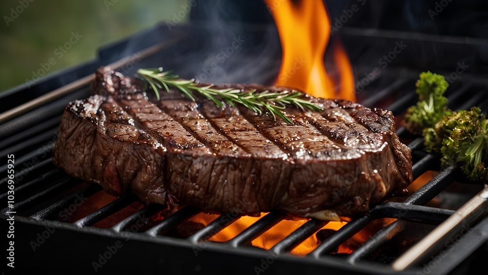 A juicy beef steak grilled in a barbeque stove with fierce orange fire. A juicy beef steak grilled in a barbeque stove with fierce orange fire.