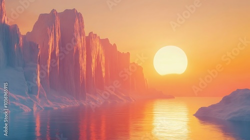 Spiritual zen wallpaper with a futuristic landscape of cliffs and water under sunset light rendered in 3D for a minimal look