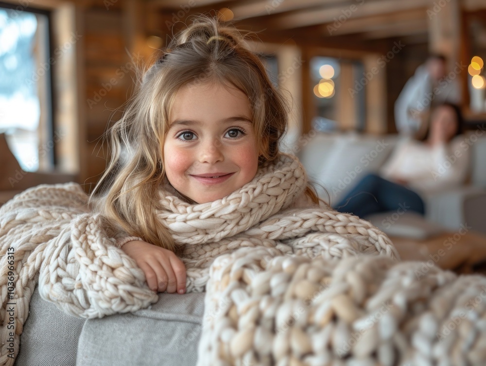 A cozy winter afternoon with a young girl wrapped in a soft knitted blanket in a rustic cabin. Generative AI A cozy winter afternoon with a young girl wrapped in a soft knitted blanket in a rustic cabin. Generative AI