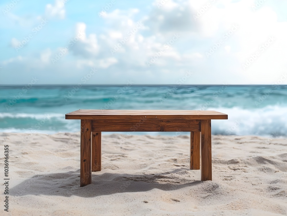 Wooden beach table with ocean view ideal for displaying summer or beach related items empty table for product concept copy space Wooden beach table with ocean view ideal for displaying summer or beach related items empty table for product concept copy space