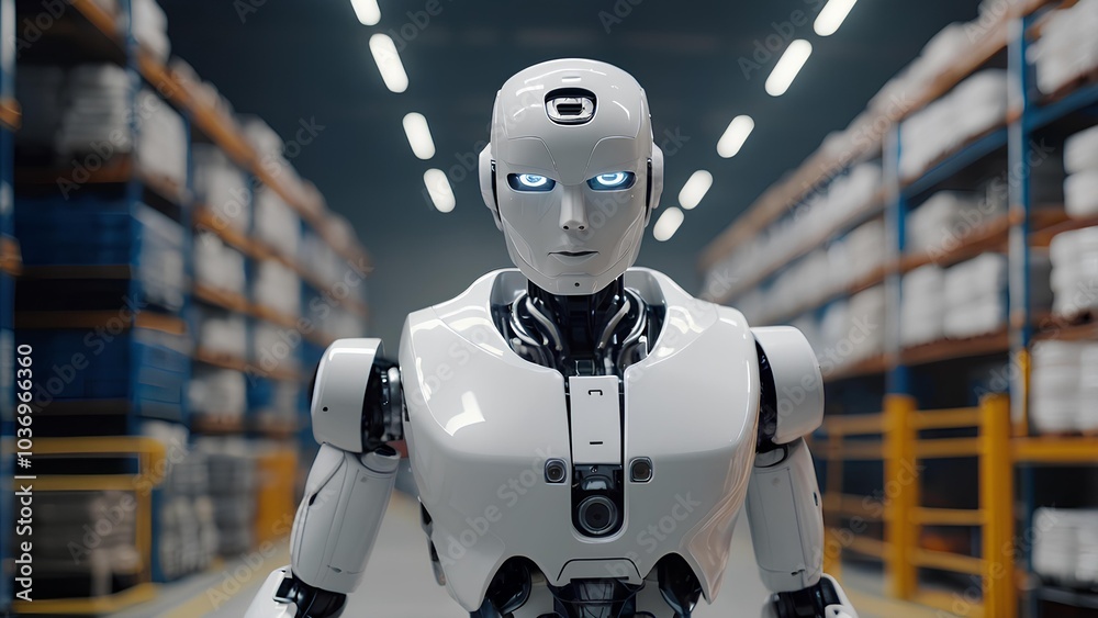 A pristine white artificial intelligent robot working in a mordern warehouse. A pristine white artificial intelligent robot working in a mordern warehouse.