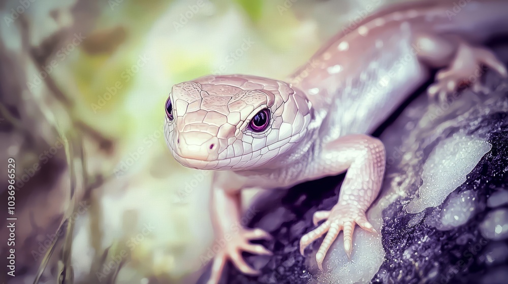  A tight shot of a lizard perched on a rock amidst hazy grass and trees
