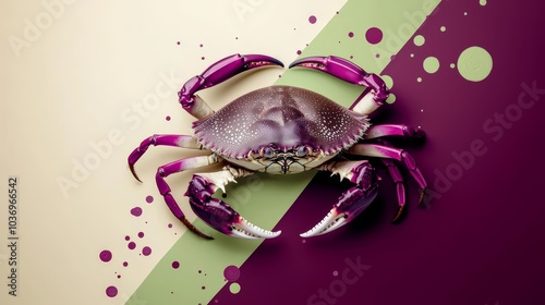  A tight shot of a purple crab against a backdrop of purple and green stripes, surrounded by bubbles of water photo