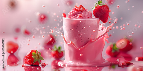 Strawberry smoothie frappe with swirling milk splash around glass photo