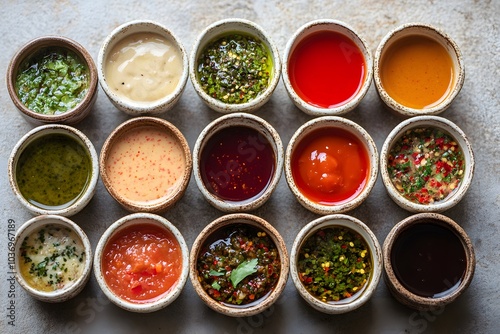 A colorful array of various sauces in small bowls, ideal for enhancing dishes.