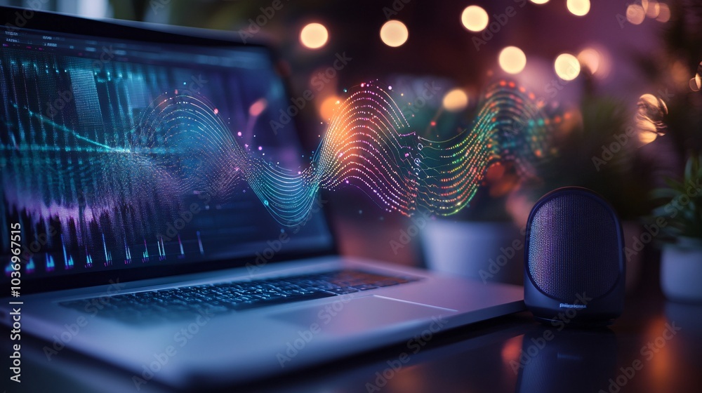 Laptop recording audio with sound waves Laptop recording audio with sound waves