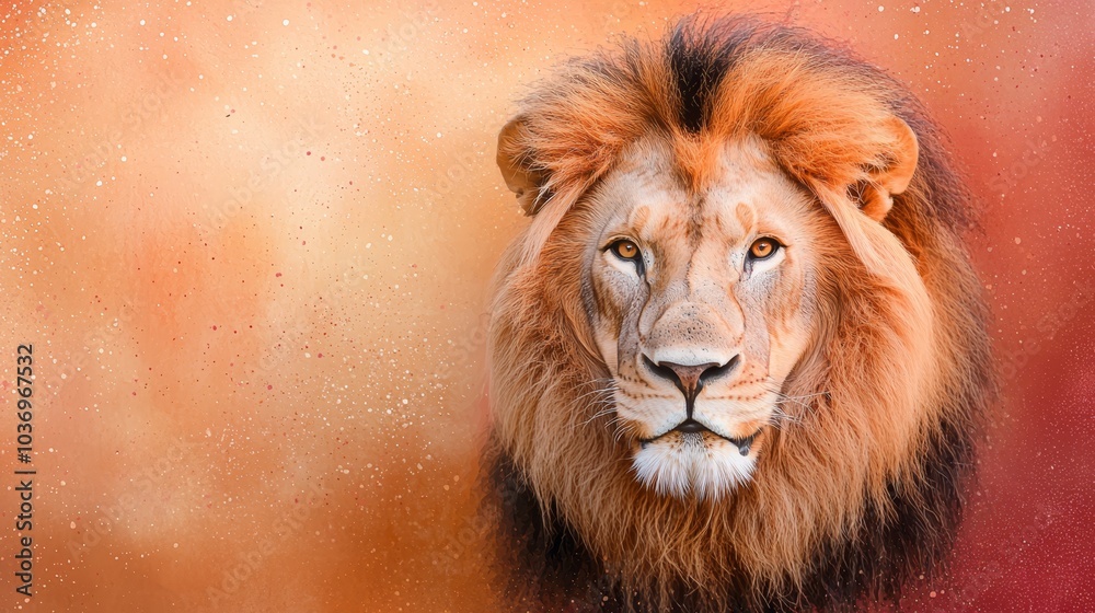 Fototapeta premium A tight shot of a lion's expressive face against a backdrop of red and orange hues, speckled with water droplets on the glass