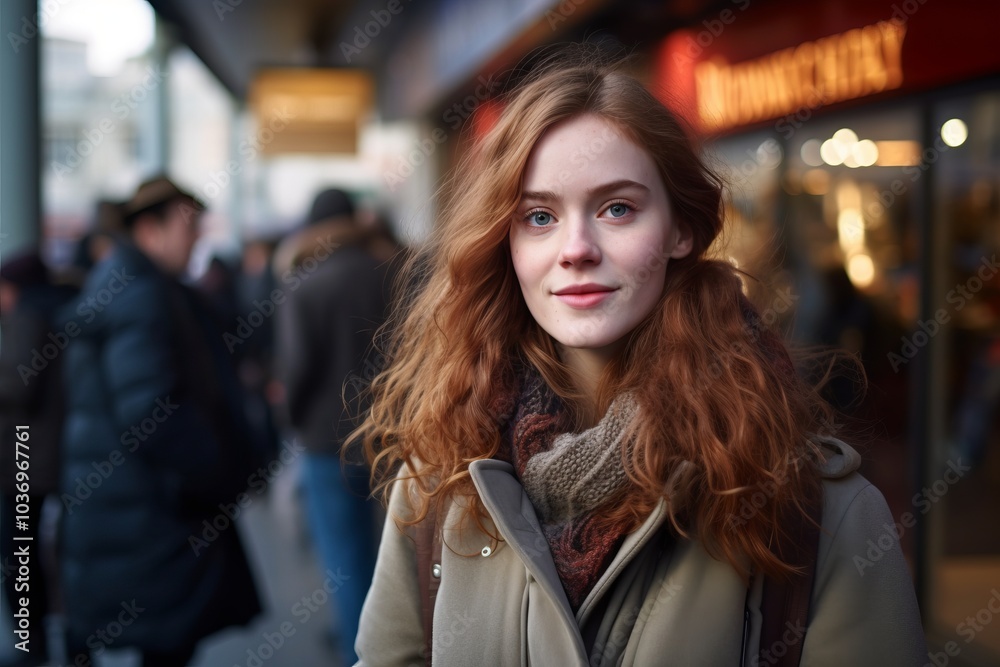 Portrait of a beautiful young redhead woman in the street. Portrait of a beautiful young redhead woman in the street.