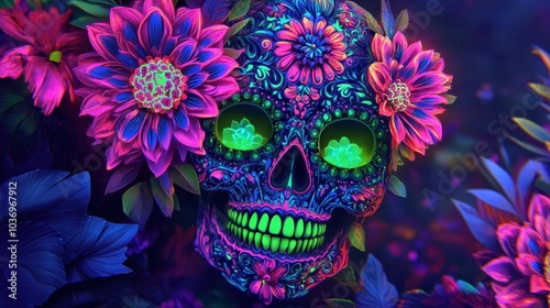 Luminous sugar skull in neon pink and green