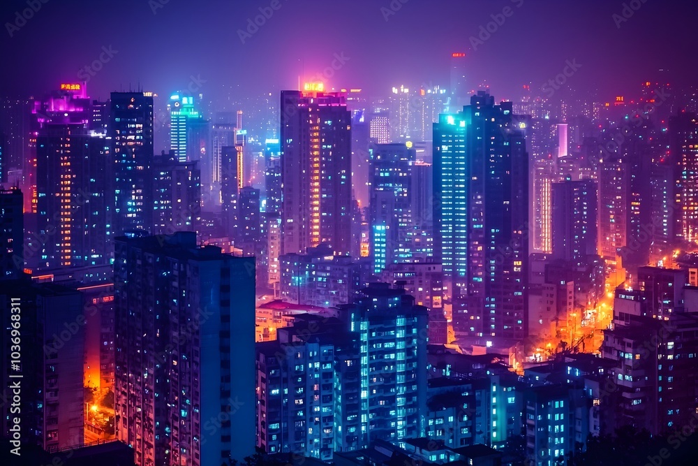 custom made wallpaper toronto digitalVibrant Nighttime Cityscape with Colorful Illuminated Skyscrapers in the Heart of the Bustling Metropolis
