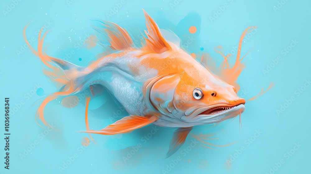 Close-up of surprised fish on blue backdrop with bubbles Close-up of surprised fish on blue backdrop with bubbles