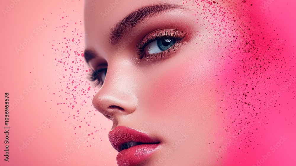 Close-up of a woman's face, painted with pink and red hues against a pink backdrop Close-up of a woman's face, painted with pink and red hues against a pink backdrop