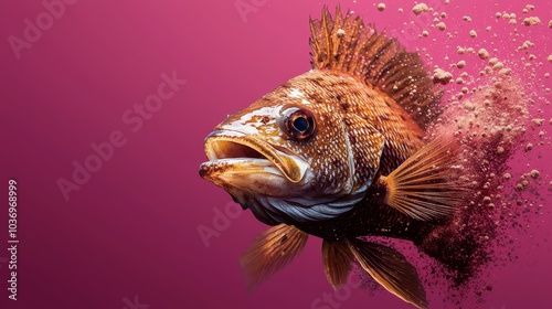  A tight shot of a fish covered in sand on its dorsal side and around its mouth photo