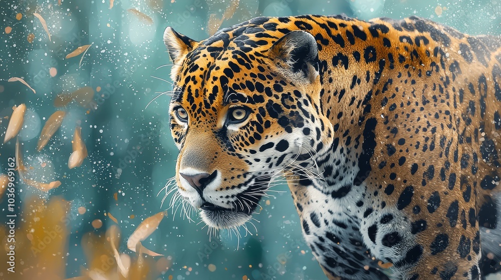 Obraz premium A tight shot of a leopard against a hazy backdrop, birds in flight precede