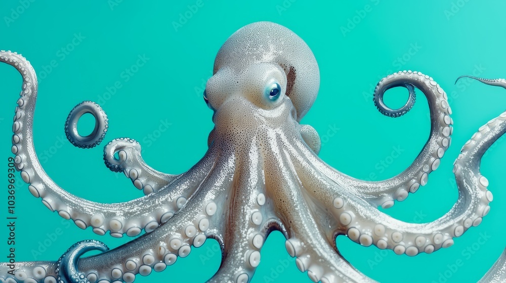 Obraz premium A tight shot of an octopus against a backdrop of blue and green, featuring a white octopus centered within the picture