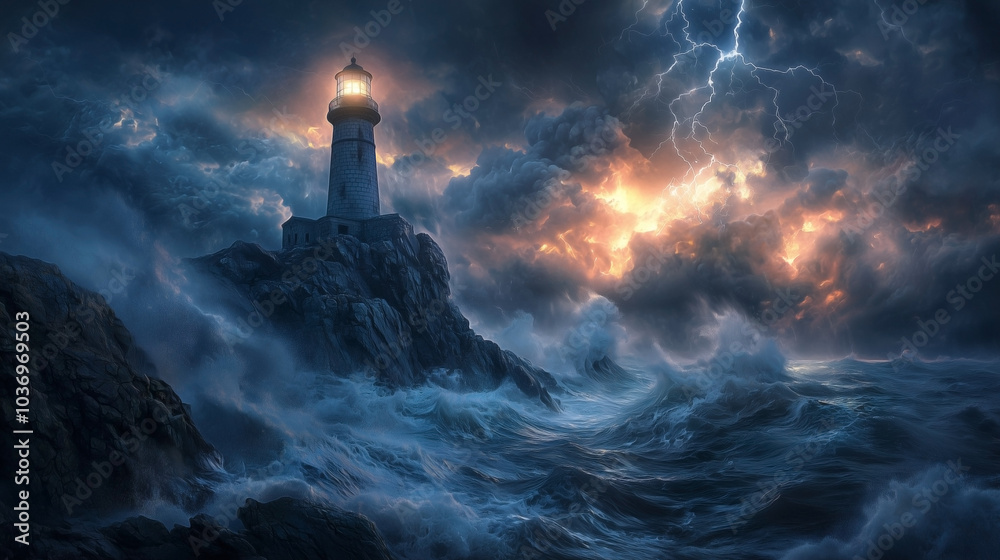 A lighthouse atop a jagged cliff during a violent storm, with waves crashing against the rocks as lightning illuminates the night sky. A lighthouse atop a jagged cliff during a violent storm, with waves crashing against the rocks as lightning illuminates the night sky.