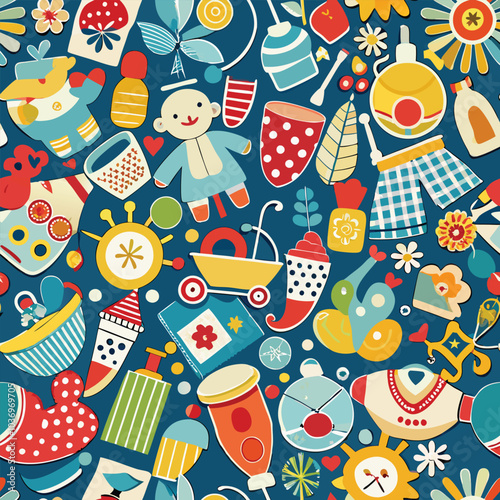 This playful and colorful pattern features a variety of baby-themed items, including toys, rattles, and bottles, making it perfect for baby shower invitations, nursery decor, or children's design.