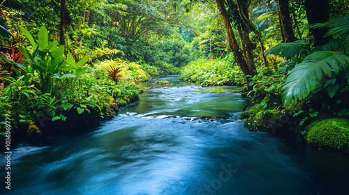 A tranquil river flowing through a lush forest, surrounded by vibrant plant life.