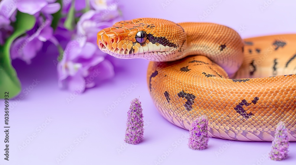 A tight shot of a snake against a deep purple backdrop, adorned with flowers in foreground and background A tight shot of a snake against a deep purple backdrop, adorned with flowers in foreground and background