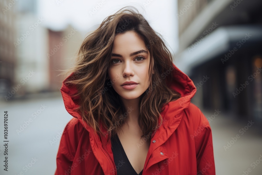 Portrait of a beautiful young woman in a red raincoat. Portrait of a beautiful young woman in a red raincoat.