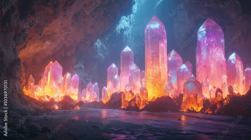 Fototapeta premium Glowing crystals emerging from a cave floor, radiating vibrant colors and casting light on the cave walls, creating an otherworldly subterranean scene.