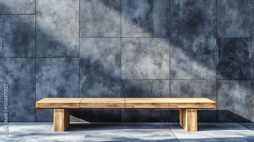 A wooden bench against a gray tiled wall, perfect for a relaxing moment.